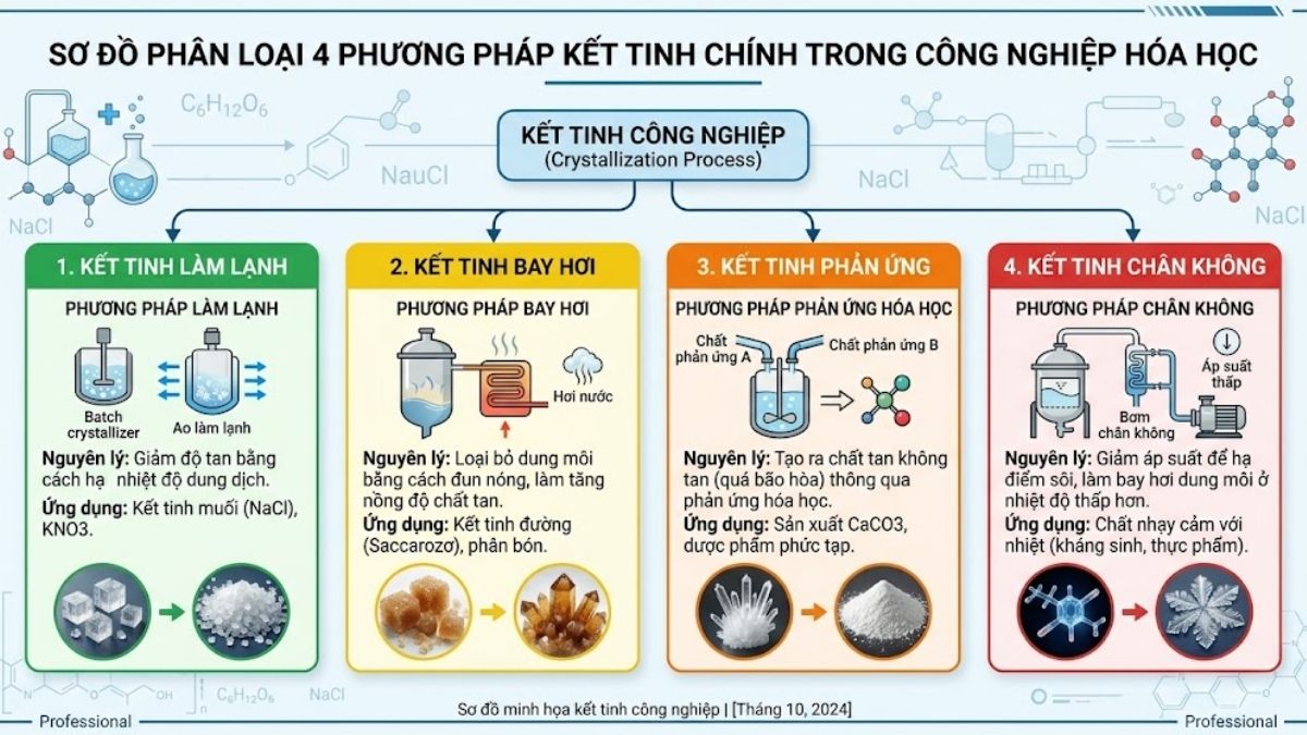 Sơ đồ phân loại 4 phương pháp kết tinh chính trong công nghiệp hóa học
