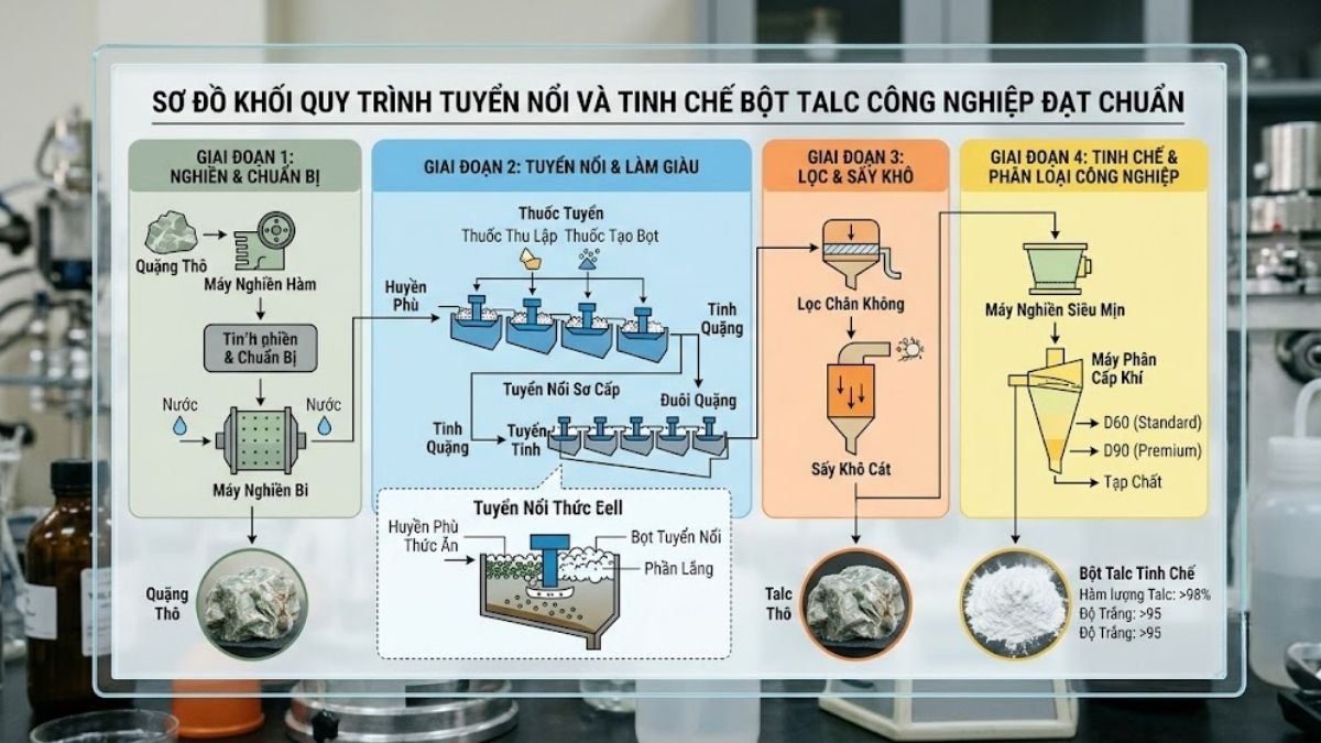 Sơ đồ khối quy trình tuyển nổi và tinh chế bột Talc công nghiệp đạt chuẩn