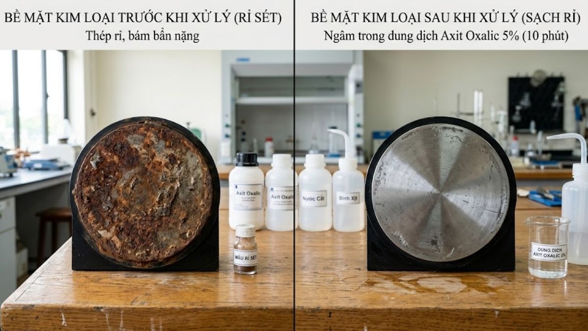 Bề mặt kim loại trước và sau khi xử lý bằng dung dịch Axit Oxalic 5%