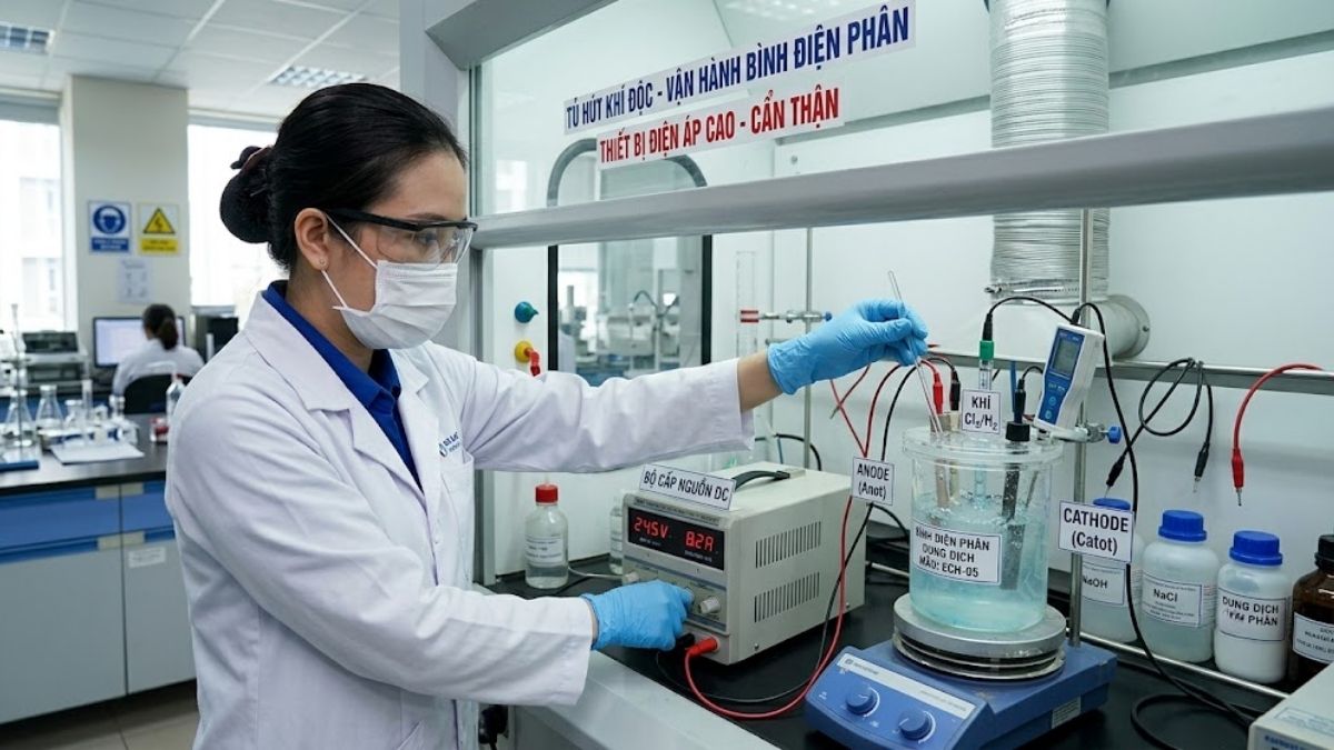 Kỹ thuật viên thao tác vận hành bộ cấp nguồn DC và bình điện phân trong tủ hút khí độc