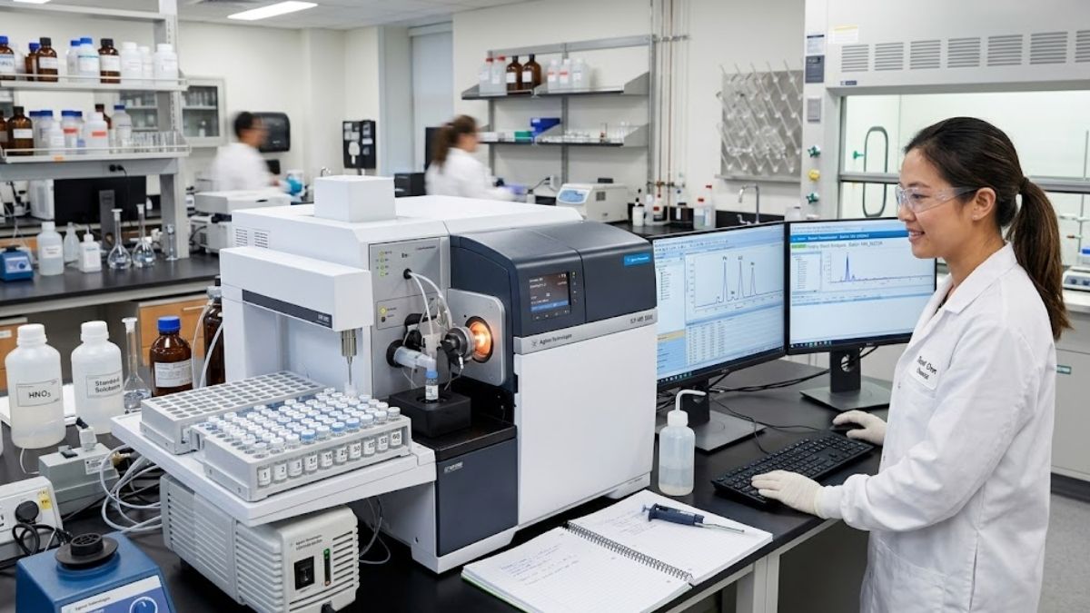 Hệ thống máy quang phổ ICP-MS đang phân tích kim loại nặng trong phòng lab