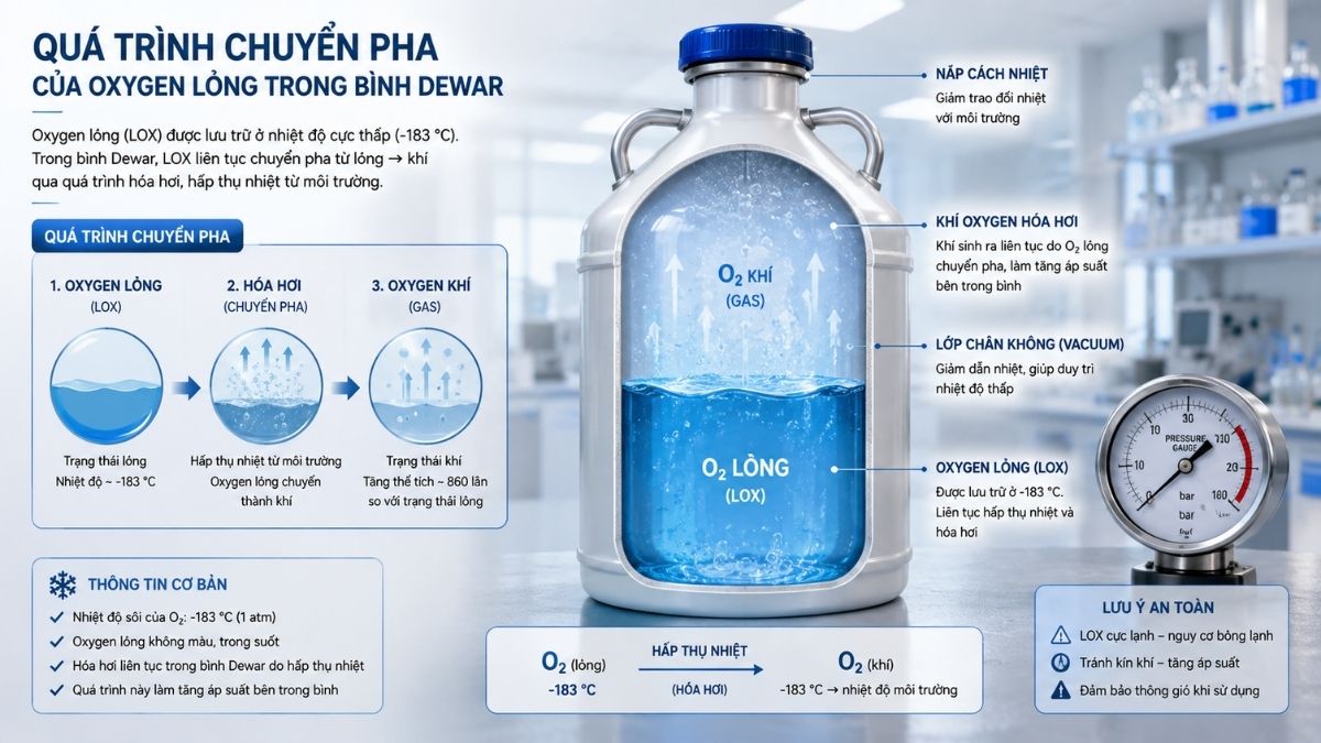 Quá trình chuyển pha của Oxygen lỏng trong bình Dewar phòng thí nghiệm