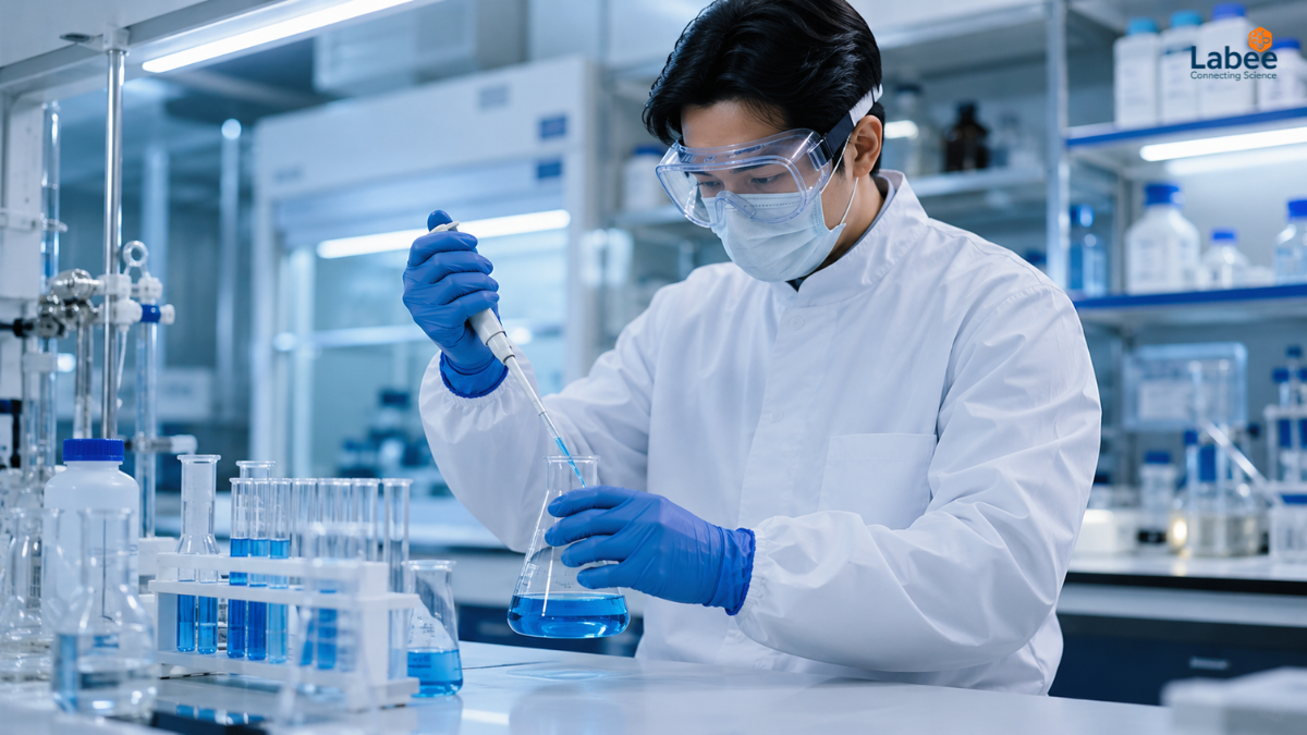  Kỹ thuật viên sử dụng ống pipet micropipette lấy dung dịch Axit sunfuric tinh khiết VWR trong tủ hút 