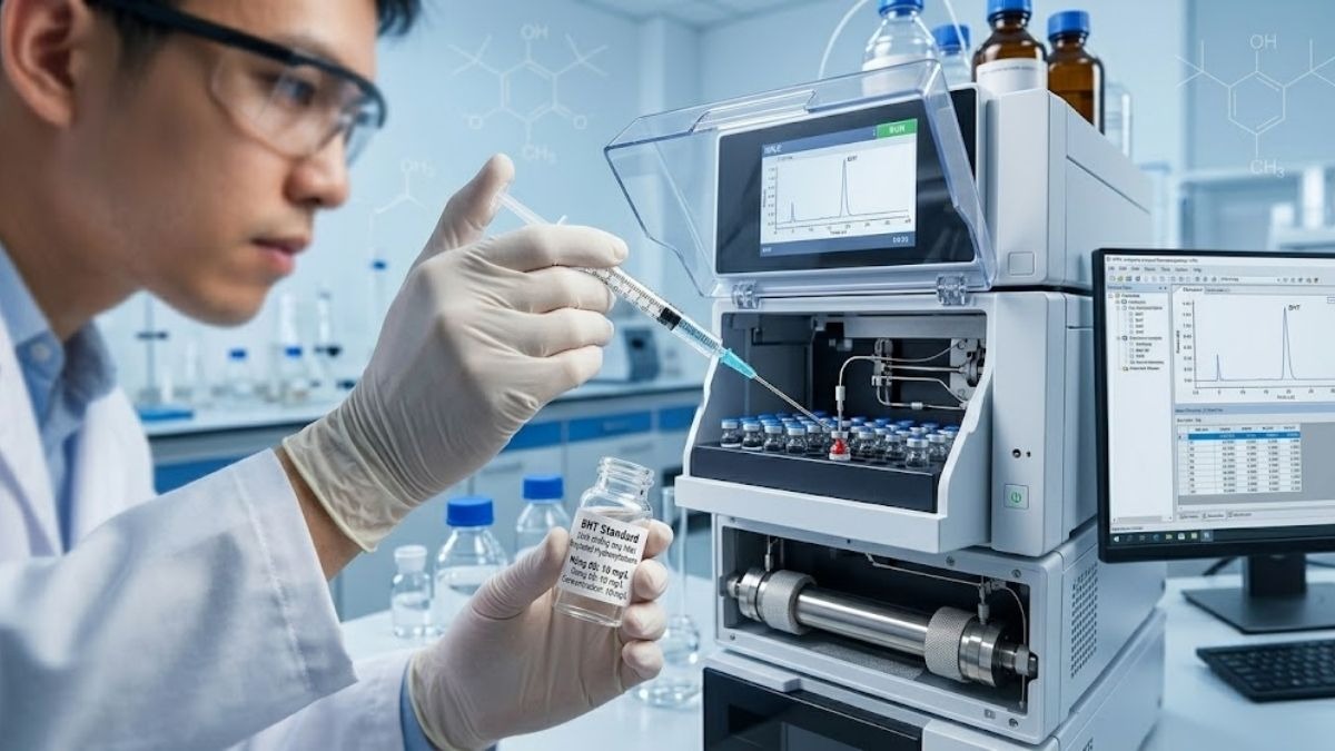 Kỹ sư R&D đang nhỏ dung dịch BHT chuẩn vào hệ thống sắc ký lỏng HPLC