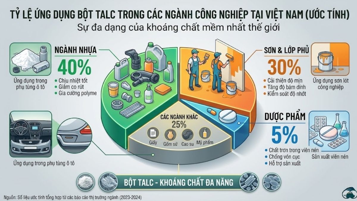 Infographic minh họa tỷ lệ ứng dụng bột talc trong các ngành nhựa, sơn, dược phẩm