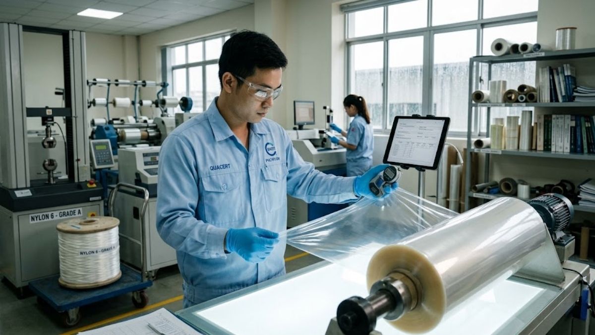 Kỹ thuật viên đang kiểm tra chất lượng màng PVC hoặc sợi Nylon