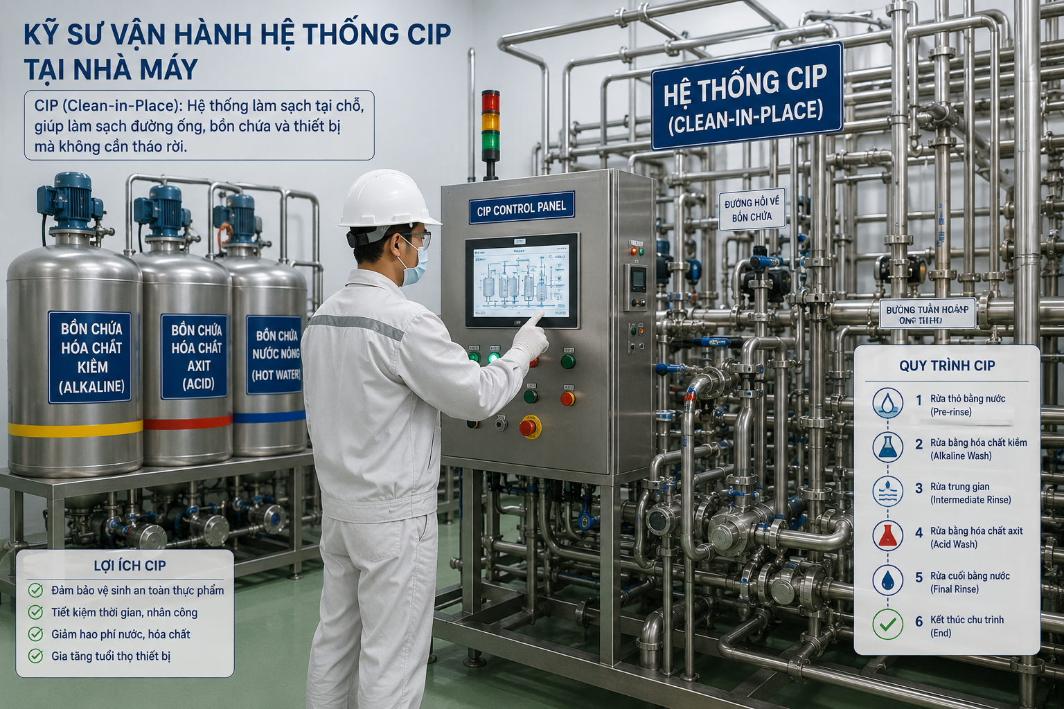 Kỹ sư mặc đồ bảo hộ đang vận hành hệ thống CIP tại nhà máy với bồn chứa hóa chất tẩy rửa