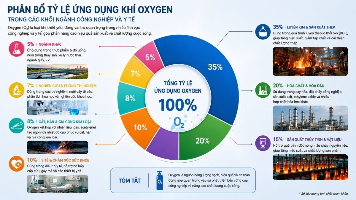 Biểu đồ phân bổ tỷ lệ ứng dụng khí Oxygen trong các khối ngành công nghiệp và y tế