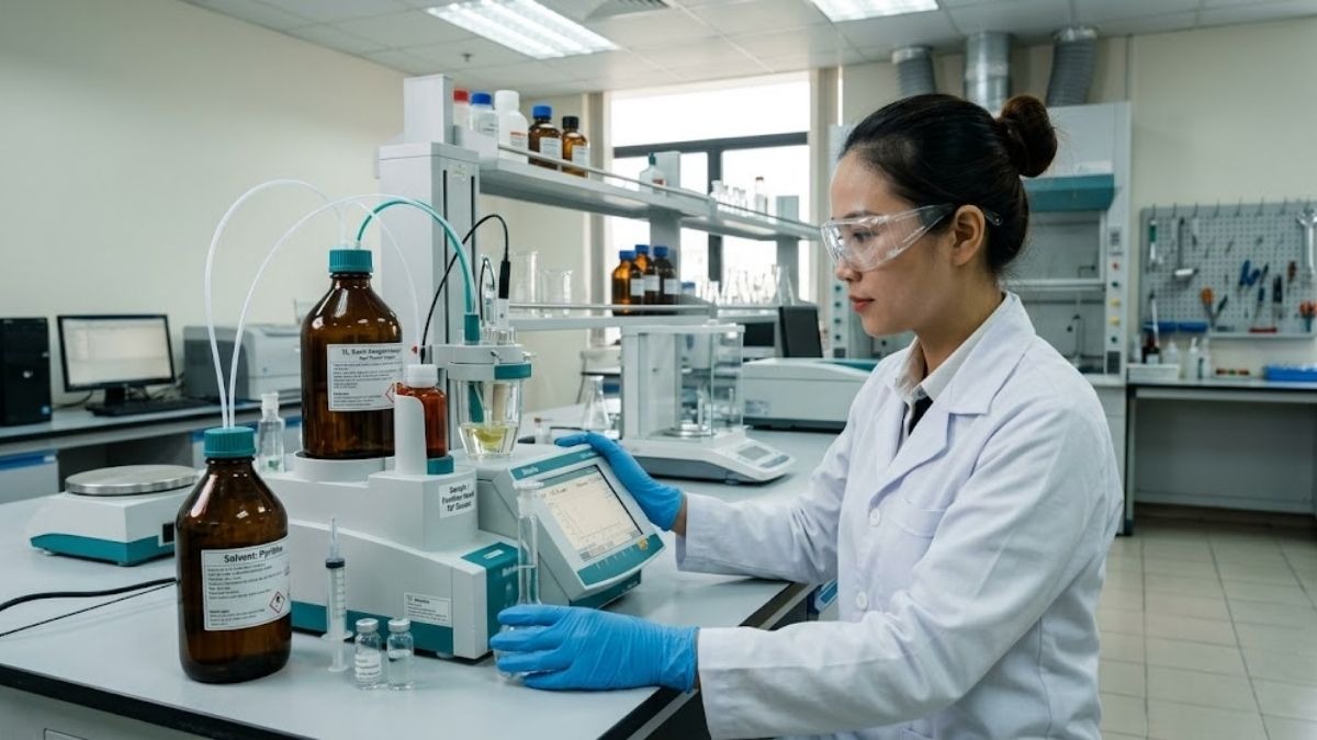 Kỹ sư phòng lab đang vận hành hệ thống chuẩn độ Karl Fischer với dung môi Pyridine