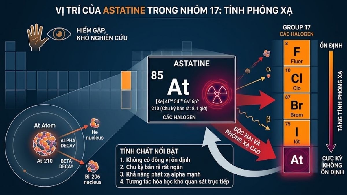 Đồ họa mô phỏng vị trí của Astatine trong bảng tuần hoàn nhóm 17, làm nổi bật tính phóng xạ