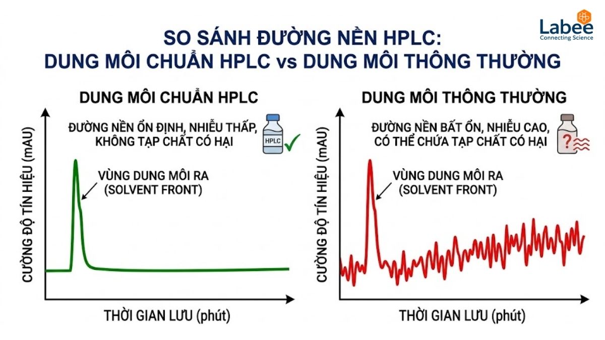 Biểu đồ sắc ký đồ so sánh đường nền giữa dung môi đạt chuẩn HPLC và dung môi thông thường