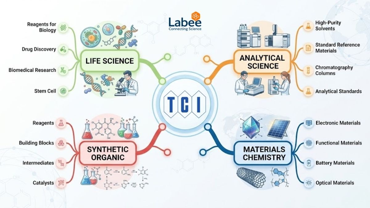 Sơ đồ mindmap thể hiện 4 nhóm sản phẩm chính của TCI: Life Science, Analytical Science, Synthetic Organic, Materials Chemistry
