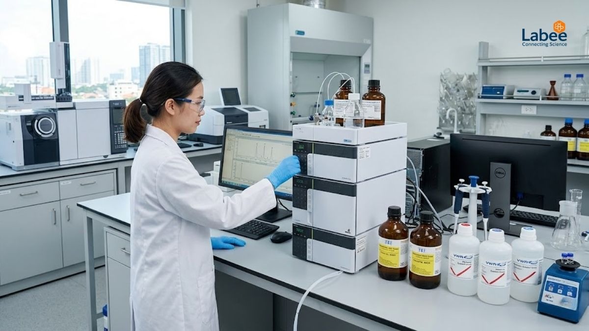 Hình ảnh một chuyên gia phân tích đang thao tác với hệ thống sắc ký lỏng hiệu năng cao (HPLC) trong không gian phòng lab hiện đại, trên bàn có các chai hóa chất của TCI và VWR.