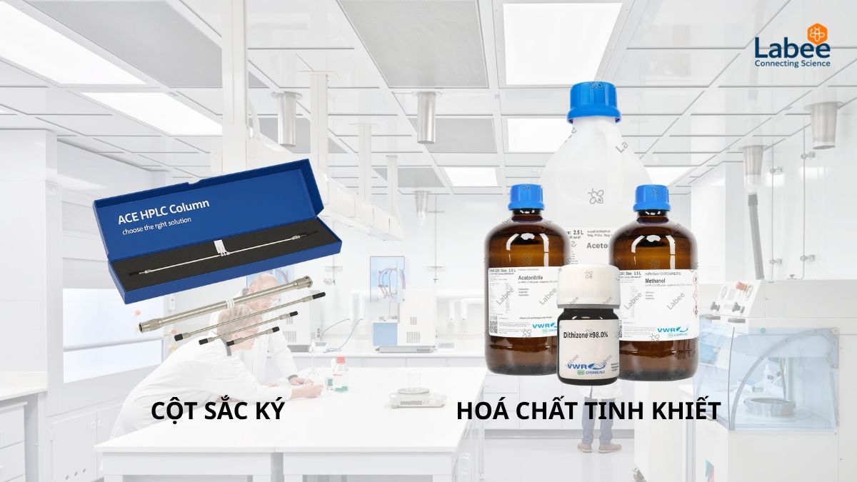 Hình ảnh tổng hợp các dòng sản phẩm chiến lược của VWR và Labee phân phối tại Việt Nam gồm hóa chất, dung môi và cột sắc ký