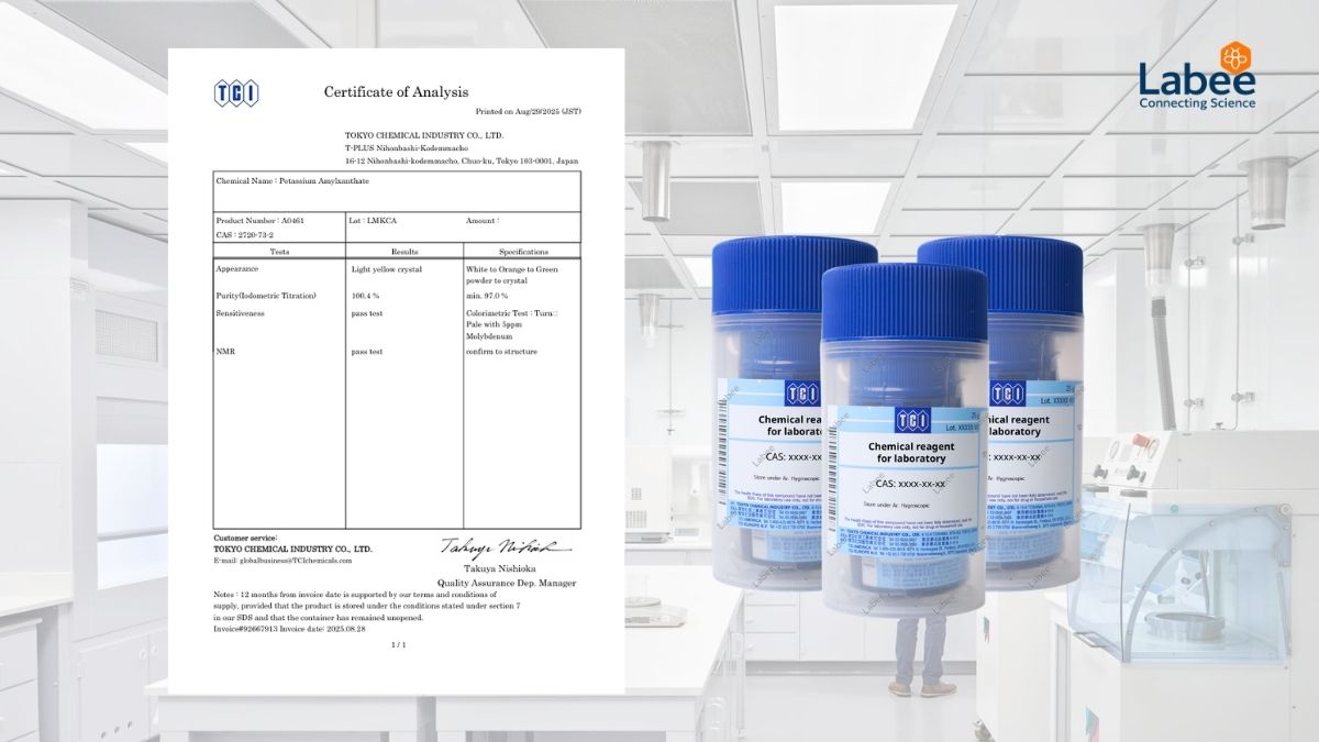 Trích xuất hình ảnh một tờ Giấy chứng nhận phân tích (COA) của TCI, khoanh đỏ phần độ tinh khiết và dữ liệu phổ