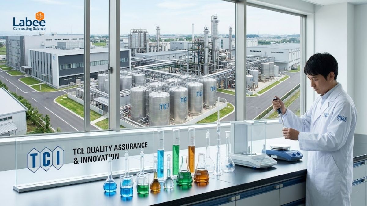Hình ảnh toàn cảnh nhà máy sản xuất hóa chất TCI với thiết bị hiện đại hoặc logo TCI đặt cạnh các dụng cụ thủy tinh trong phòng lab