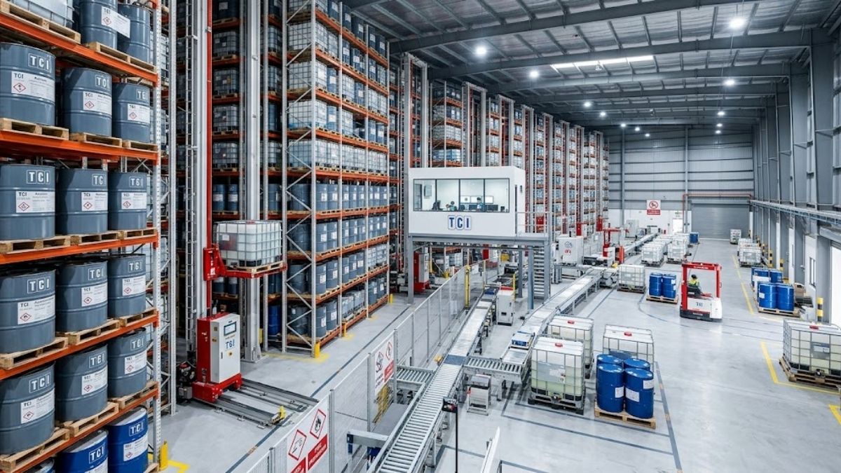 Hệ thống kho lưu trữ hóa chất tự động hóa hiện đại của TCI với các thùng hóa chất quy mô lớn