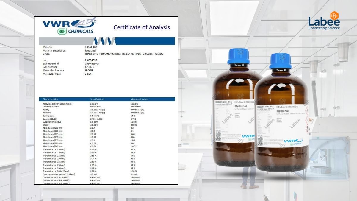 Bản mẫu COA và MSDS của một chai dung môi Methanol nhãn hiệu VWR, làm nổi bật mã Batch Number và các chỉ tiêu phân tích