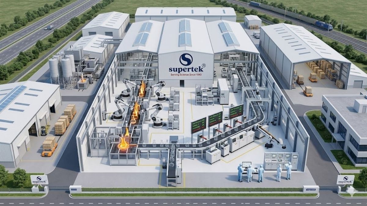 Toàn cảnh nhà máy sản xuất thủy tinh hiện đại của thương hiệu Supertek với hệ thống thổi và kiểm chuẩn tự động