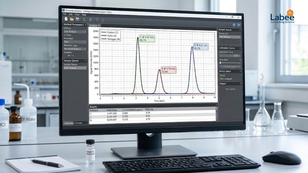 Đồ thị hiển thị đường cong phân tích tín hiệu trên phần mềm chuyên dụng Intelligent Software System của máy phân tích nguyên tố, cho thấy độ minh bạch và rõ ràng của phổ