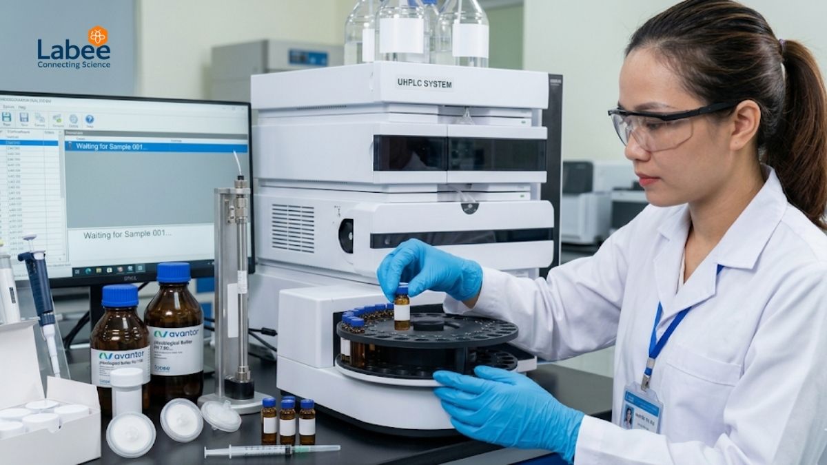 Hệ thống máy sắc ký lỏng hiệu năng cao HPLC đang hoạt động trong phòng thí nghiệm với các chai dung môi tinh khiết