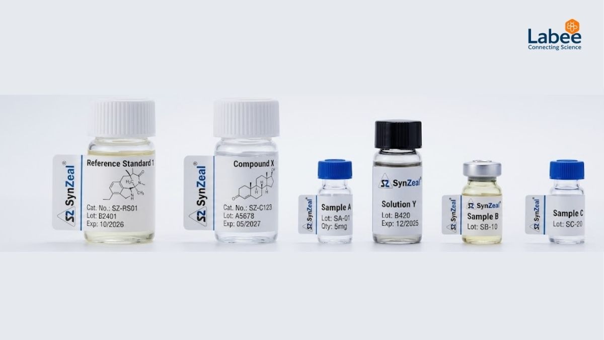 Hình ảnh tổng quan về các lọ chất chuẩn SynZeal đặt cạnh hệ thống máy sắc ký lỏng hiệu năng cao HPLC trong phòng thí nghiệm hiện đại, thể hiện sự chuyên nghiệp và độ chính xác.