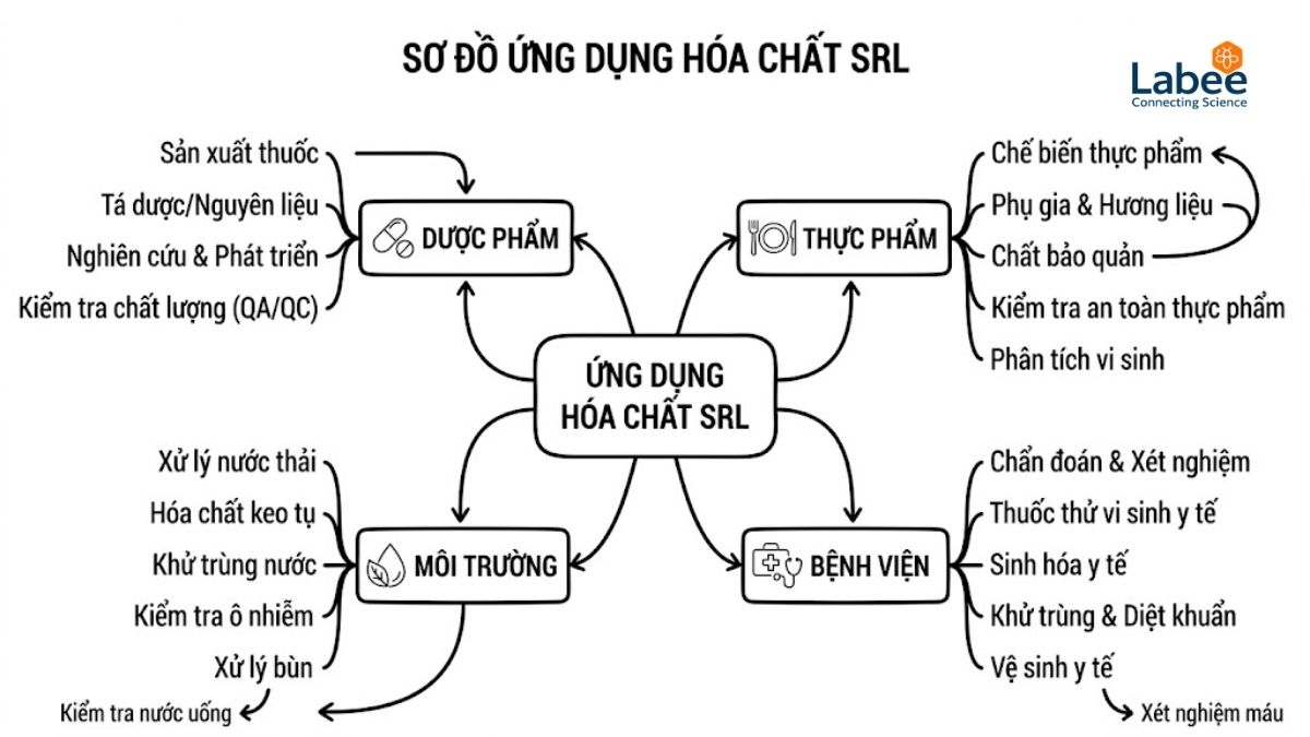 Bản đồ tư duy (Mindmap) thể hiện các ngành ứng dụng hóa chất SRL: Dược phẩm, Thực phẩm, Môi trường, Bệnh viện
