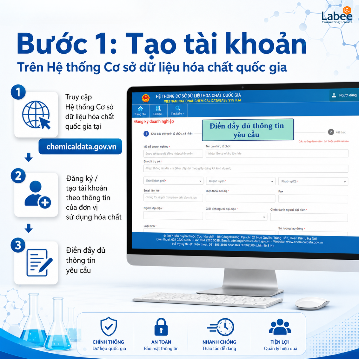 Giao diện đăng ký và khai báo trên Cổng thông tin Cơ sở dữ liệu hóa chất quốc gia