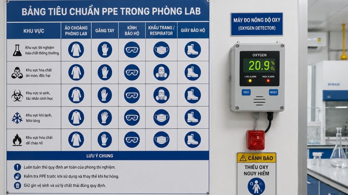 Bảng tiêu chuẩn PPE và máy đo nồng độ Oxy gắn tường trong phòng lab
