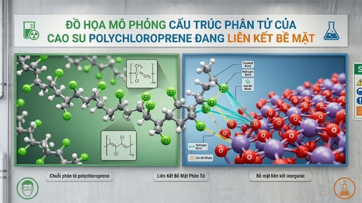 Đồ họa mô phỏng cấu trúc phân tử của cao su polychloroprene đang liên kết bề mặt