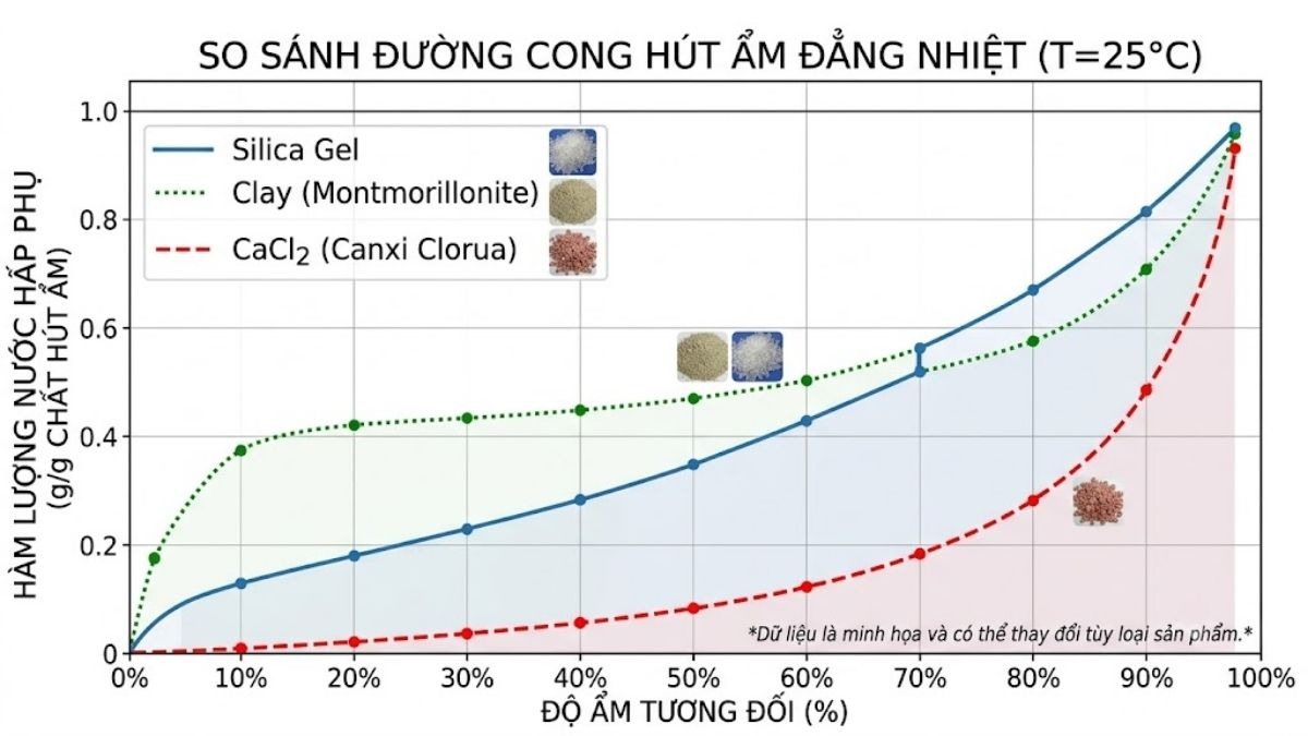 Đồ thị so sánh đường cong hút ẩm đẳng nhiệt của Silica gel, Clay và CaCl2