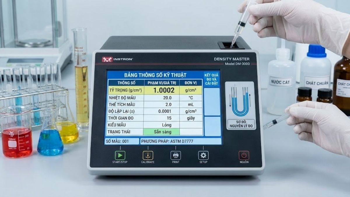 Bảng thông số kỹ thuật hiển thị trên màn hình máy đo tỷ trọng kỹ thuật số trong phòng lab