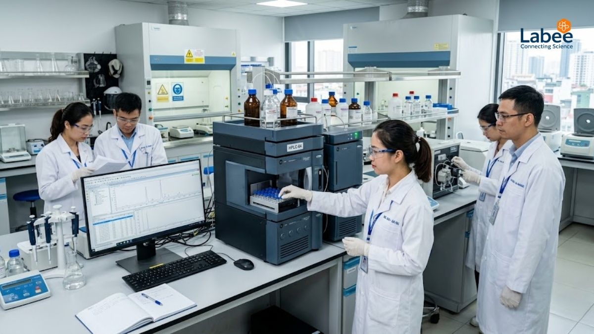 Đội ngũ chuyên gia QA/QC đang vận hành hệ thống sắc ký lỏng hiệu năng cao (HPLC) trong phòng thử nghiệm hiện đại