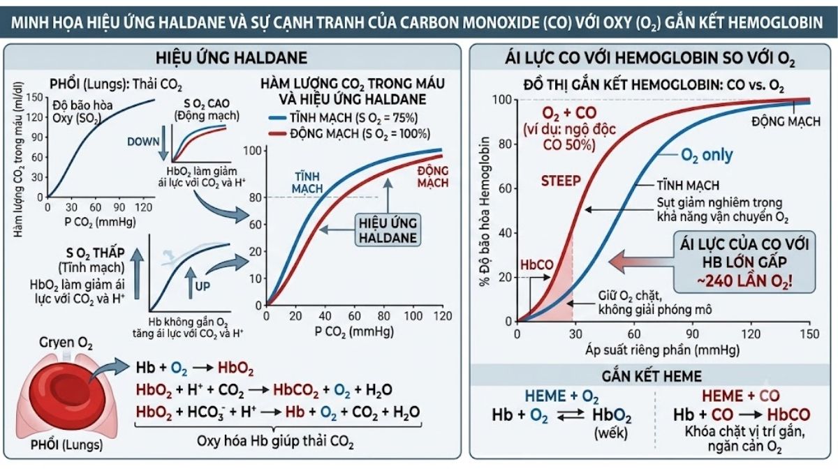 Đồ thị minh họa hiệu ứng Haldane và ái lực của CO với Hemoglobin so với O2