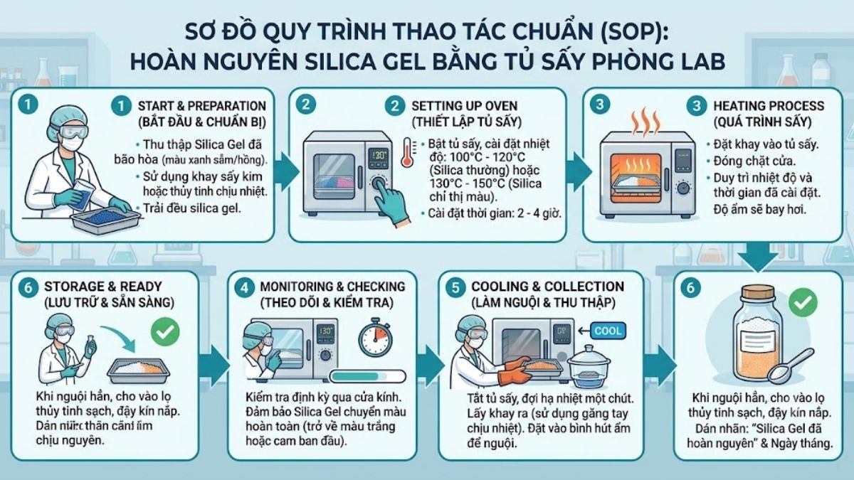Sơ đồ Quy trình thao tác chuẩn (SOP) hoàn nguyên Silica Gel bằng tủ sấy phòng lab