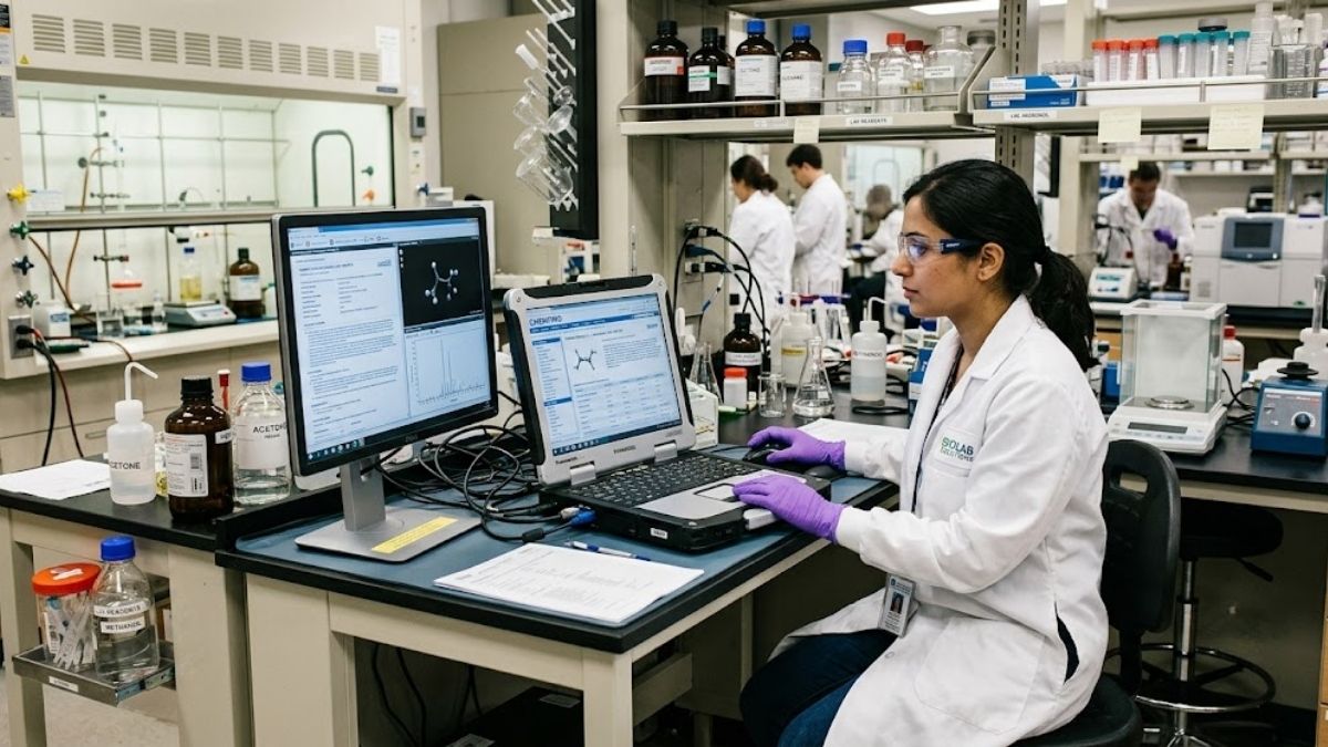 Thao tác tìm kiếm thông tin hóa chất trên máy tính chuyên dụng phòng lab