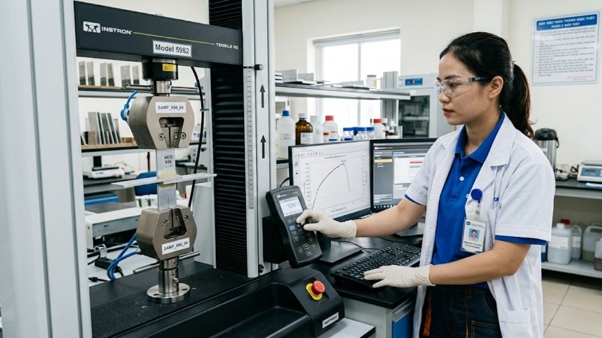 Kỹ sư QA/QC đang kiểm tra mẫu test kéo đứt (tensile test) của lớp keo X66
