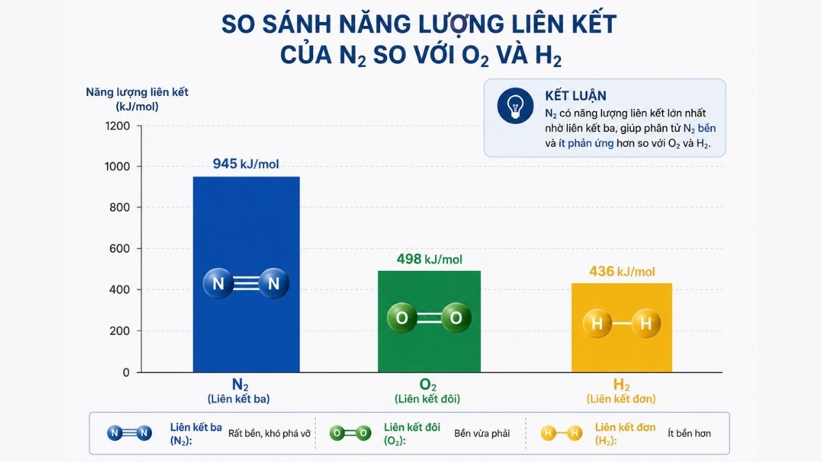 Biểu đồ so sánh năng lượng liên kết của N2 so với O2 và H2