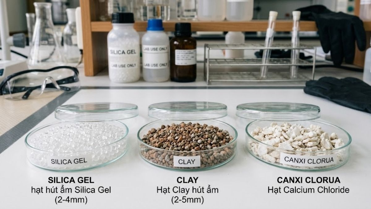 Các mẫu hạt hút ẩm Silica gel, Clay và Canxi Clorua đặt trong đĩa petri phòng thí nghiệm