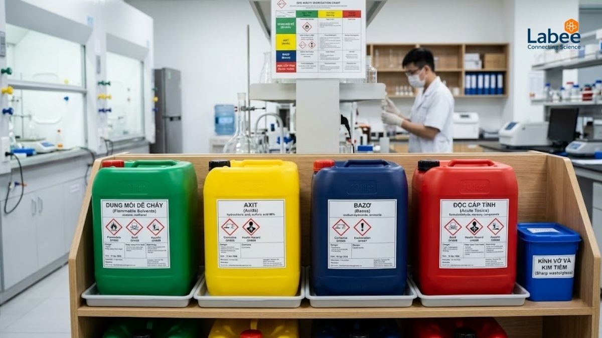 Hệ thống can/thùng chứa phân loại chất thải hóa học phòng thí nghiệm có dán nhãn nguy hại GHS