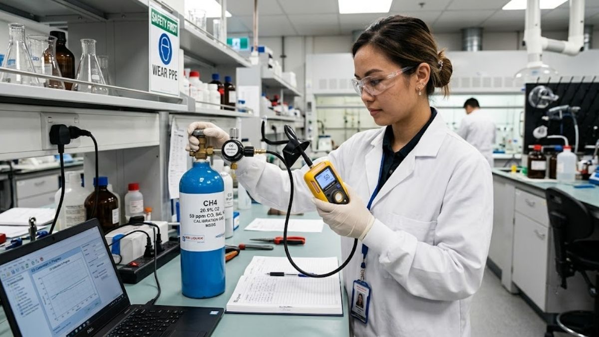 Kỹ sư phòng lab đang hiệu chuẩn máy dò khí CO cầm tay bằng bình khí chuẩn