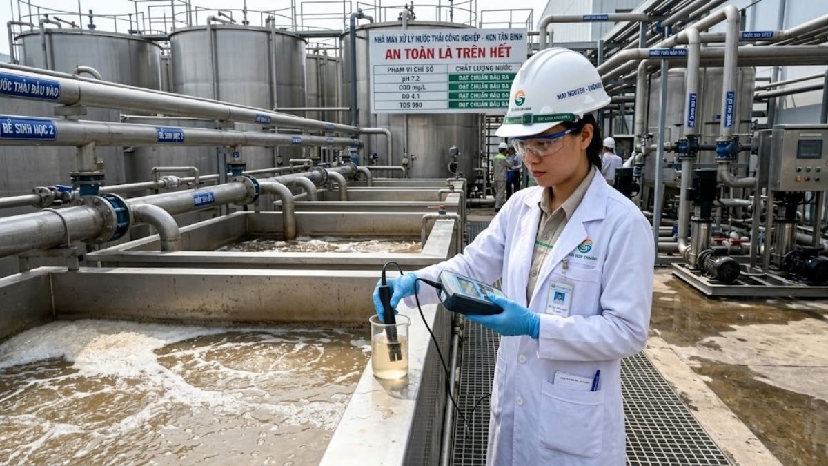 Kỹ sư hóa học đang kiểm tra chỉ số nước tại nhà máy xử lý nước thải công nghiệp